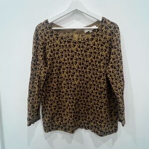 Ann taylor LOFT Tan Brown gold green Floral Long Sleeve cotton top sz Large